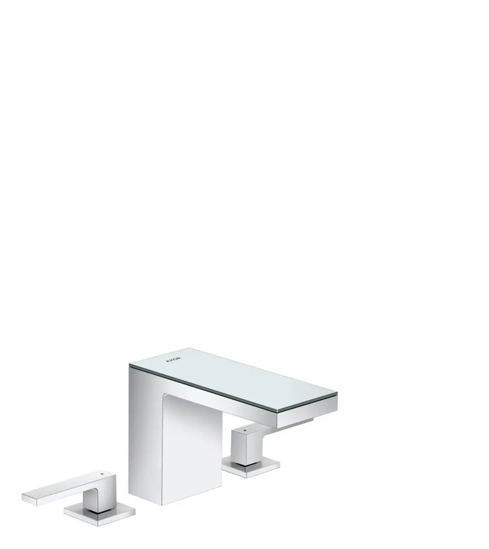Waschtischarmatur von AXOR, bestehend aus einer Hauptarmatur mit Glas-Oberfläche und zwei schwenkbaren Bedienhebeln. Ausführung in Chrom.